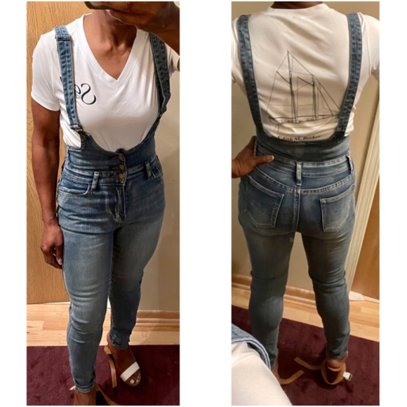 Medium Vintage Wash High waisted Skinny Jean Denim overalls - Picture 5 of 7